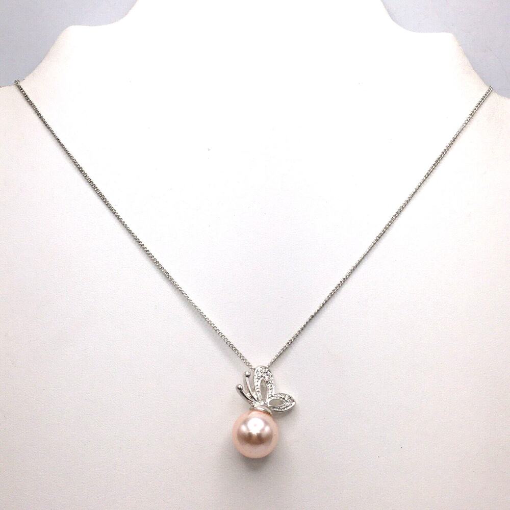 Signed Avon NRT Faux Pink Pearl Rhinestone Butterfly Pendant Necklace Feminine
